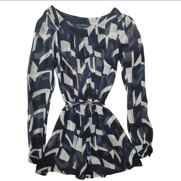 French Connection Tops - French Connection Silk Geometric Pattern Black and White Long Sleeve Top